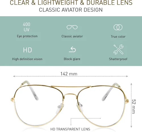 Vista 4 de SUNNYPRO Lentes transparentes de gran tamaño Aviador Marco UV400 Oro Halloween Disfraz