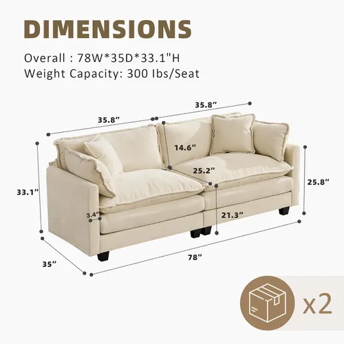 Vista 2 de Sofá seccional modular convertible de 76.7", sofás de dos plazas de chenilla con asiento profundo y cojines tipo loveseat para sala de estar, Beige