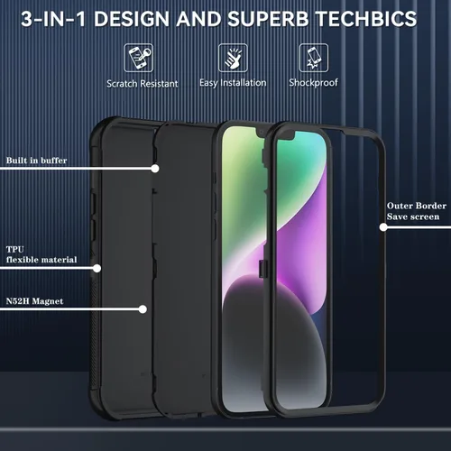 Vista 6 de SunStory Funda compatible con iPhone 12 Mini / 13 Mini con protector de pantalla HD, 3 capas de alta resistencia de cuerpo completo, funda Negro
