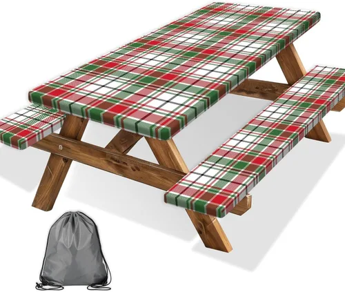 Vista 8 de Funda para Mesa de Picnic con Fundas para Bancos y Bolsa, Campista de Madera Impermeable Resistente al Viento, Cubierta de Mantel Ajustada con Borde
