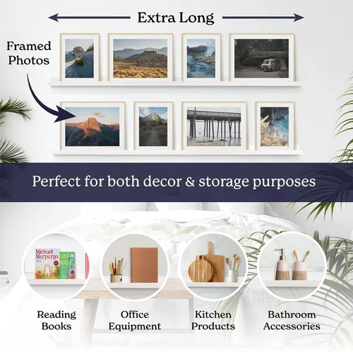 Vista 3 de Kraftex Estante de repisa para pared [blanco, 60 pulgadas, paquete de 2] Estantes flotantes estrechos para fotos e imágenes. Estante de exhibición