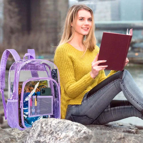 Vista 7 de Mochila transparente de 3 piezas, bolsa de libros transparente resistente, bolsa escolar de lentejuelas transparente, color morado