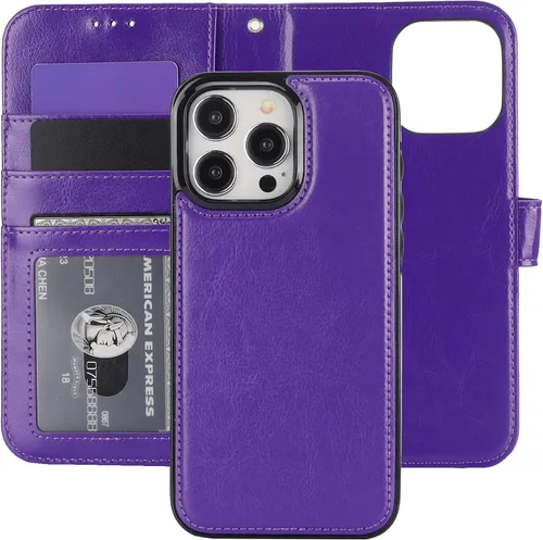 Vista 18 de Funda tipo cartera desmontable Bocasal para iPhone 15 Pro Max con bloqueo RFID, ranuras para tarjetas, soporte magnético, cuero PU premium, atril