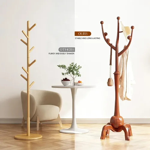 Vista 5 de Perchero independiente de madera con 8 ganchos de madera para sombrero, abrigo de árbol con base de esfera resistente y ganchos de ramas de árbol