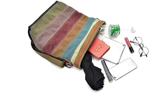 Vista 4 de Bolsa de hombro de lona para mujer, multicolor, casual, con asa superior, bandolera, Rayado, talla única