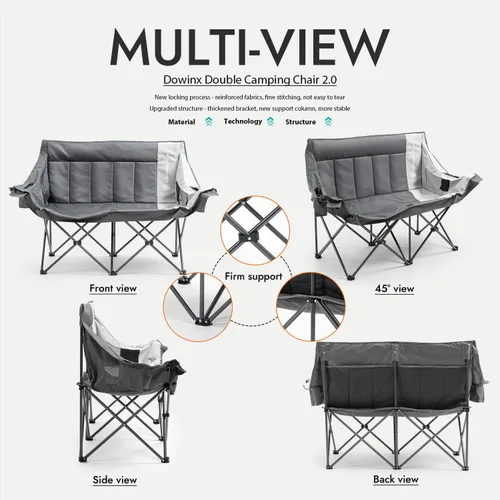 Vista 3 de Dowinx Silla de campamento doble, sofá biplaza plegable de gran tamaño con asiento acolchado, silla de césped portátil resistente de 660 libras