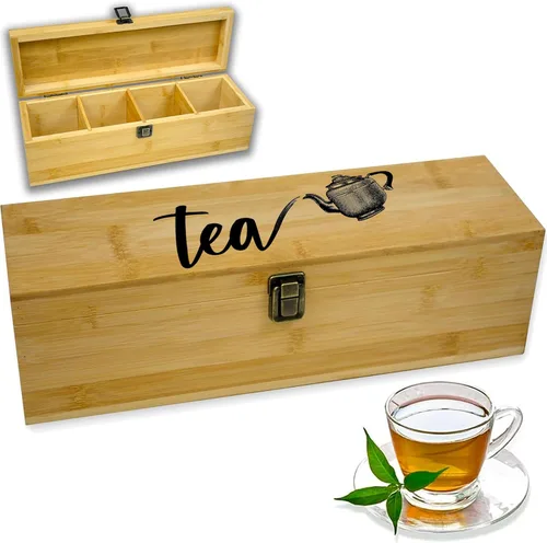 Vista 9 de Caja organizadora de té segura para alimentos, libre de productos químicos, baúl de almacenamiento de bambú, cubos ajustables