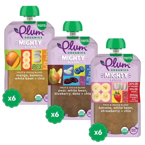 Vista 11 de Plum Organics Mighty Builder Alimento Orgánico para Niños Pequeños - Plátano, Frijol Blanco, Fresa y Chía - Bolsa de 4 oz (Paquete de 12) – Bolsa