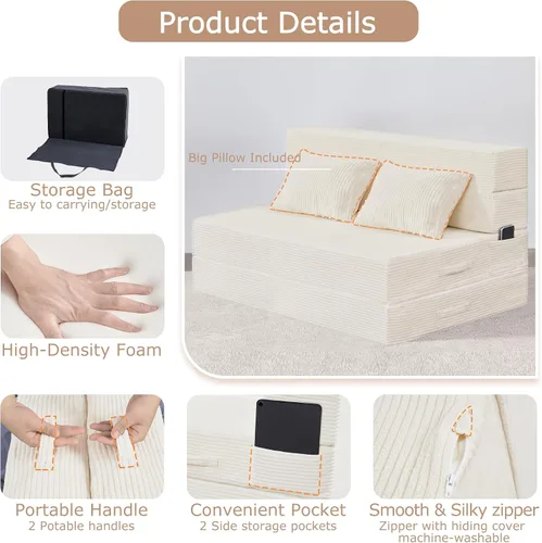 Vista 7 de Sofá Cama Individual Plegable Silla Sofá Cama con Almohada, Twin, Beige Cama de silla plegable