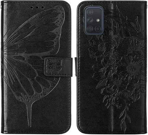 Vista 7 de para Samsung Galaxy A51 Case Wallet Flip Cover (Negro) Butterfly Floral Embossed Pattern, Wrist Strap, PU Leather, Card Holder Slots, Cash Pocket