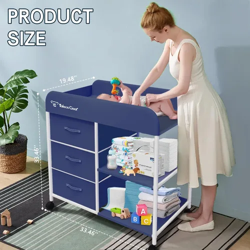Vista 6 de Mesa cambiadora para bebé, mesa cambiadora portátil, estación de cambio de pañales con almohadilla impermeable, cómoda cambiadora con 3 cestas