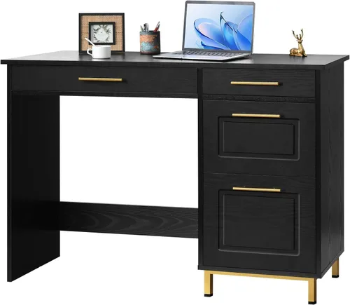 Vista 6 de 4 EVER WINNER Escritorio negro con cajones, modernos escritorios de oficina en casa con asas y cajones dorados, mesa de computadora para espacios