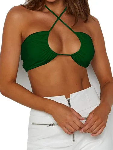 Vista 3 de Camiseta corta sin mangas para mujer, sexy, cuello en V, doble forro, fruncido, lindo corsé recortado, sin mangas, traje de verano para salir