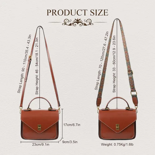 Vista 3 de Bolsos cruzados de cuero genuino para mujer, bolso ligero para viaje y trabajo con correa doble ajustable Leather CrossbodyBag