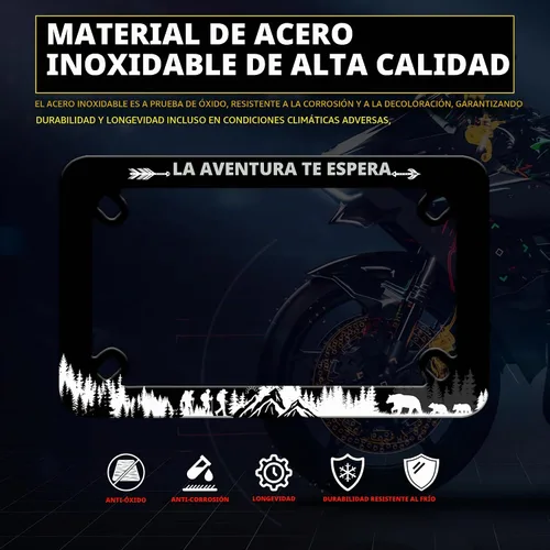 Vista 2 de Marco de placa de motocicleta Adventure Awaits - Marco de placa de acero inoxidable para senderismo de montaña, material de acero inoxidable