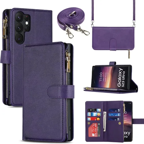 Vista 10 de Cavor Funda tipo cartera cruzada para Samsung Galaxy S22 Plus, color negro Funda de cuero con cierre magnético con cremallera y función atril TPU