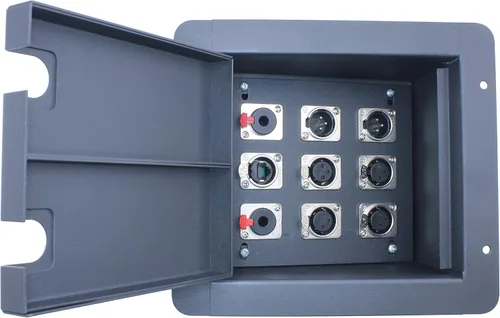 Vista 2 de Empotrable en el piso etapa caja: 4 XLR hembra, 2 XLR macho, 2 1/4" TRS y 1 CAT5 – precableado