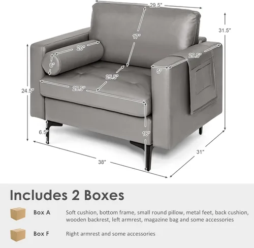 Vista 3 de Giantex Sofá individual, silla decorativa, sillón con cojín cómodo, bolsillos para revistas, sala de estar, silla de ocio tapizada para dormitorio