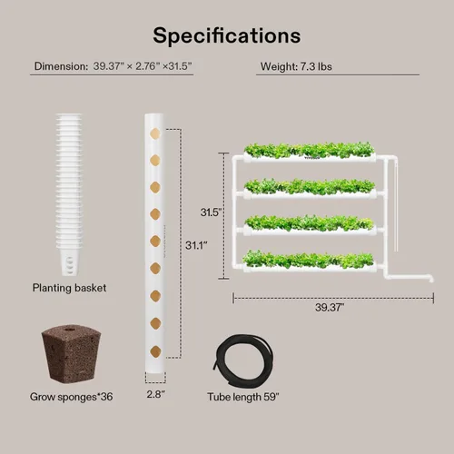 Vista 8 de VIVOSUN Kit de cultivo hidropónico montado en la pared, 1 capa, 36 sitios de plantas, 4 tubos de PVC-U de grado alimenticio, sistema de plantación