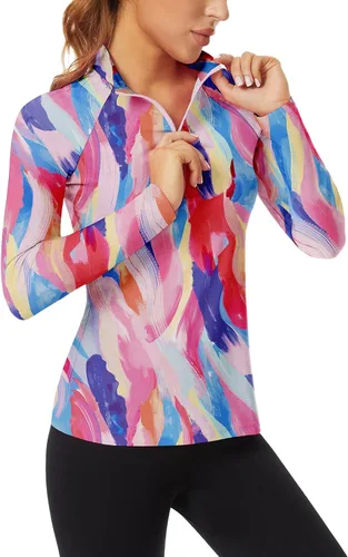Vista 26 de WOWENY - Camiseta de manga larga con cremallera de 1/4 para mujer, con cuello, para hacer deporte, con estampado, para tenis Hoja multicolor.
