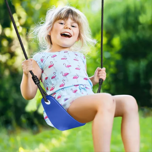 Vista 5 de Juego de columpios para niños 5 en 1 para patio trasero con trampolín, soporte de marco en A resistente de 880 libras, soporte de metal