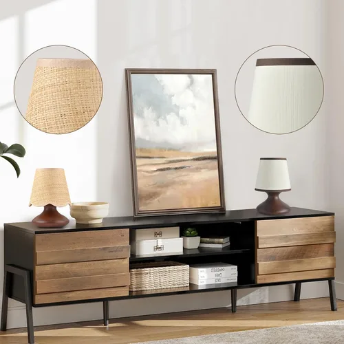 Vista 9 de TAKEGO Pequeña lámpara de mesa con base de madera, lámpara con pantalla de ratán mini para mesita de noche, lámpara de estilo granja vintage, mini