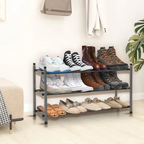 Vista 5 de Zapatero, organizador de almacenamiento de zapatos expandible para armario, zapatero de metal de 3 niveles para entrada, estante pequeño ajustable