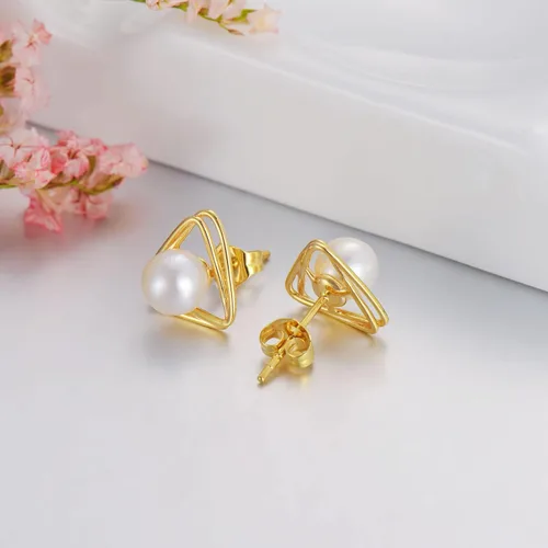 Vista 4 de Aretes de perlas de oro real de 14 quilates, aretes de perlas de oro amarillo real de 0.23 pulgadas con parte trasera de presión, aretes de perlas