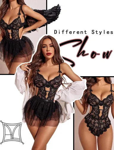 Vista 4 de Avidlove Lencería para mujer, body de encaje con minifalda de malla desmontable, conjunto de lencería de peluche push up