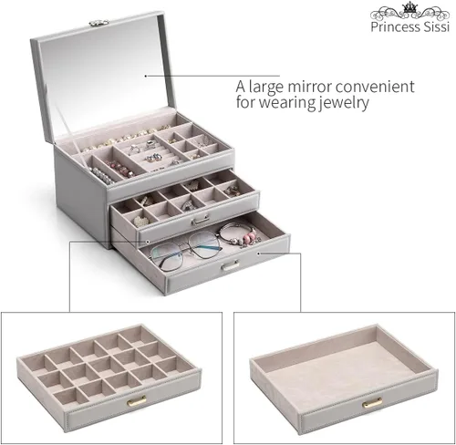 Vista 4 de Vlando - Joyero con espejo caja de almacenamiento para joyas de gran capacidad con espacio para aretes de niñamujer, collares, pulseras