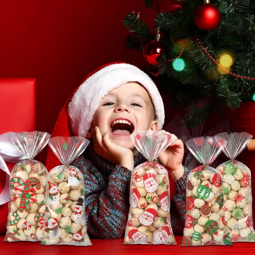 Vista 6 de Pasimy 100 Piezas Bolsas de Celofán Navideñas para Dulces con Lazos Bolsa de Regalo de Plástico Transparente a Granel Bolsas de Celofán Navideñas