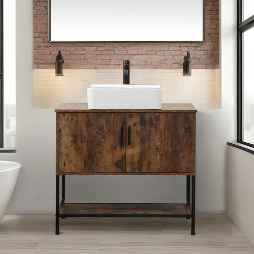 Vista 35 de UEV Juego de tocador de baño antiguo de 24 pulgadas, color marrón oscuro con lavabo, armario de baño de madera de hierro con grifo de temperatura