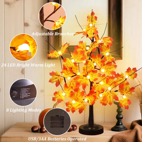 Vista 8 de Lámpara LED de árbol de arce de 24 pulgadas, luces blancas cálidas con 8 modos de iluminación, funciona con batería, alimentada por USB, árbol