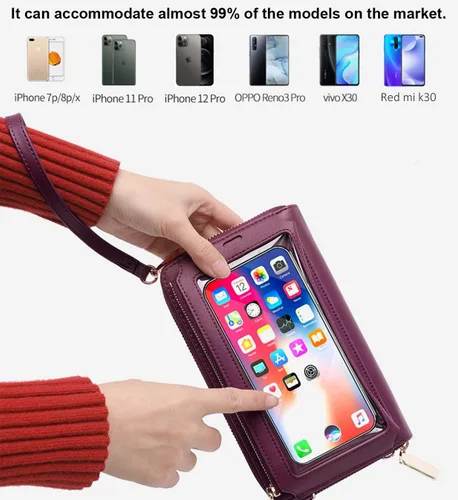 Vista 5 de Bolsos cruzados con pantalla táctil para mujer, monedero con bloqueo RFID, carteras de embrague, tarjetero