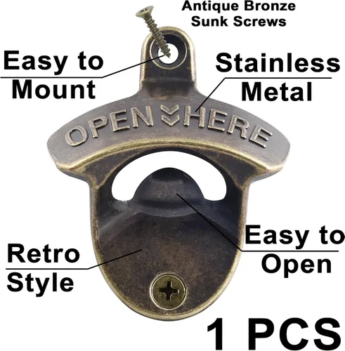 Vista 2 de Abridor de tapa de botella de cerveza montado en la pared, bronce inoxidable retro Estilo antiguo, ABIERTO AQUÍ En relieve, Montable con Tornillos