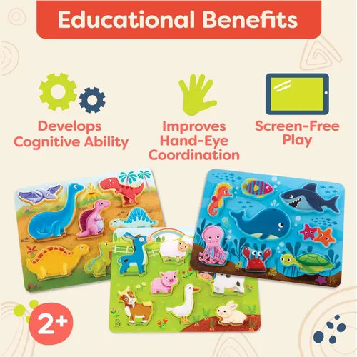 Vista 4 de B. toys – Mira y Explora 3 – Pack – Granja, Mar, Dinos – Juego de Rompecabezas Grueso 3 – Pack – Rompecabezas de Madera – 8 Piezas Cada Uno – 2+