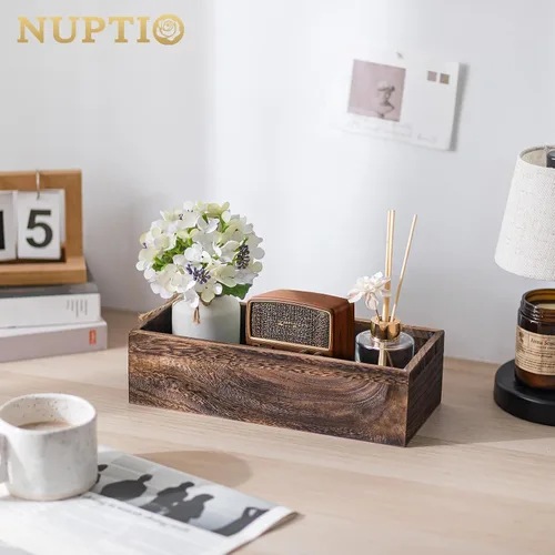 Vista 3 de NUPTIO - Centro de mesa en caja de madera: 2 piezas de 11.8" de largo, jardineras rectangulares de madera - Jarrón de flores de granja para boda