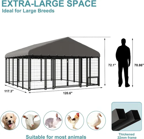 Vista 4 de Perrera grande para perros al aire libre de 10 x 10 pies con puertas batientes dobles, jaula resistente para perros con panel de alimentación, techo