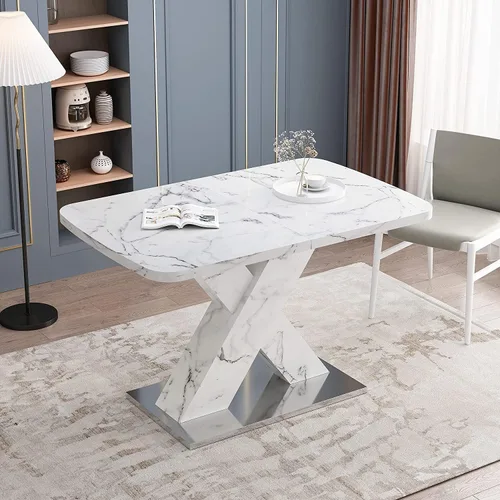 Vista 3 de Mesa de comedor de mármol blanco para 6, moderna mesa de comedor extensible con base en forma de X, mesa de comedor rectangular de mármol sintético