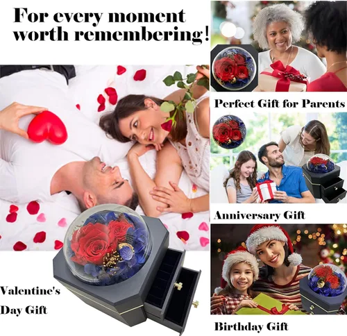 Vista 2 de QREIHLPY Joyero de flores preservadas, caja organizadora de joyas con doble cajón con patas de goma antideslizantes suaves, regalos para mujeres