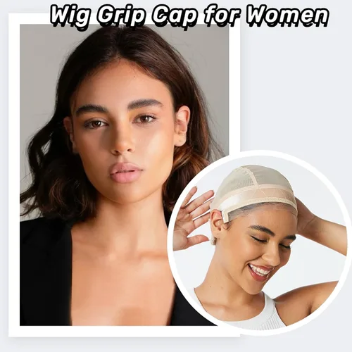 Vista 5 de Gorra de silicona de encaje para mujer, banda de agarre ajustable, gorra sin pegamento para encaje y pelucas de una sola parte superior (beige, L)