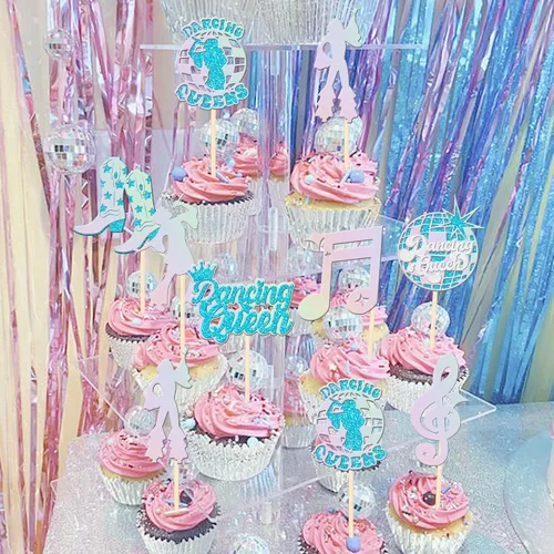 Vista 7 de 24 piezas de decoración de cupcakes de reina bailarina con brillantina, bola de discoteca, notas musicales, cantante, baile, cupcakes, temática