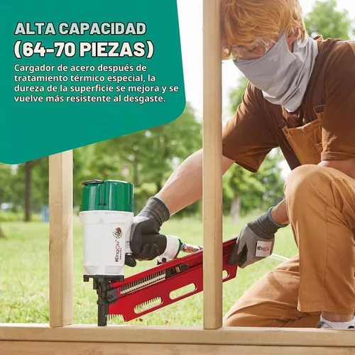 Vista 5 de Clavadora de marco KingOu estilo mexicano NR2183, clavadora neumática de 21 grados, clavos de marco de plástico de 2 pulgadas hasta 3-1/4 pulgadas