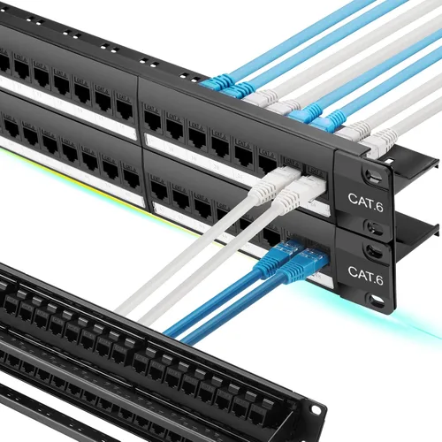 Vista 8 de Rapink Panel de conexión de 24 puertos Cat6 con soporte Keystone en línea 10G, panel de conexión con acoplador de paso UTP de 19 pulgadas con barra