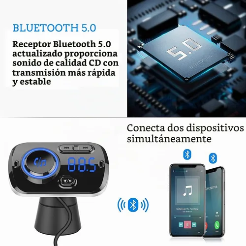 Vista 3 de Transmisor FM Bluetooth 5.0 manos libres kit de coche con carga rápida QC 3.0 adaptador de radio de coche con micrófono CVC reducción de ruido