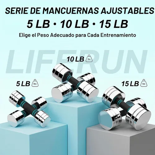 Vista 4 de LIFERUN Juego de 2 mancuernas ajustables de acero, 5/10/15 libras, mango de espuma antideslizante y cómodo, juego de mancuernas ajustables