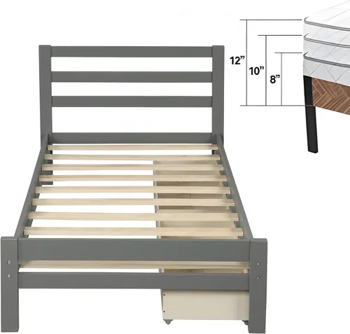 Vista 4 de Cama de plataforma de madera de tamaño individual con 2 cajones, marco de cama de plataforma moderna con cajón de almacenamiento, muebles