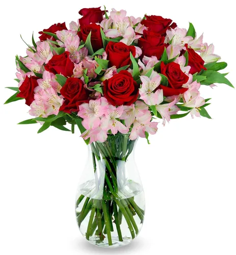 Vista 12 de Benchmark Bouquets - Rosas clásicas y alstroemeria (jarrón de cristal incluido) - Flores frescas para entrega al día siguiente - Regalo