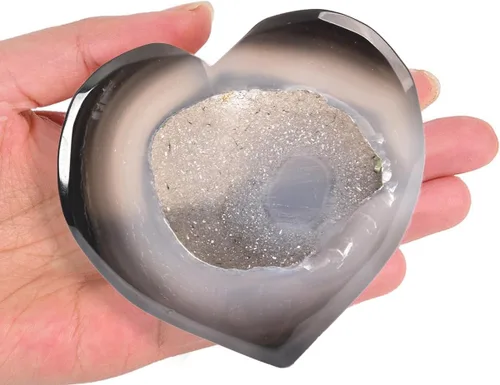 Vista 5 de JIC Gem Geoda de ágata de cristal de corazón grande, piedra de preocupación de palma drusa, cristales de reiki y piedras curativas 3.1-3.5 pulgadas
