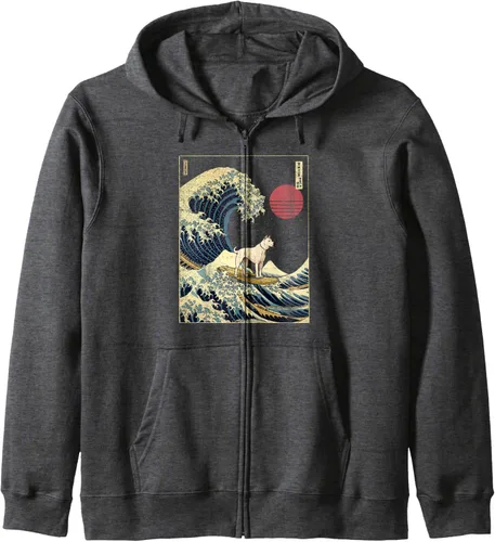 Vista 5 de Dogo Argentino - Sudadera con capucha japonesa Kanagawa Wave Funny Surf Dog, Negro